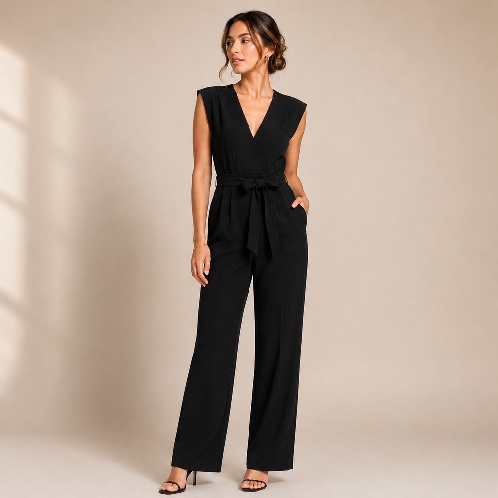 Calvin Klein Jumpsuit Women 8 Black V-Neck Belted Cap Sleeve Straight Career